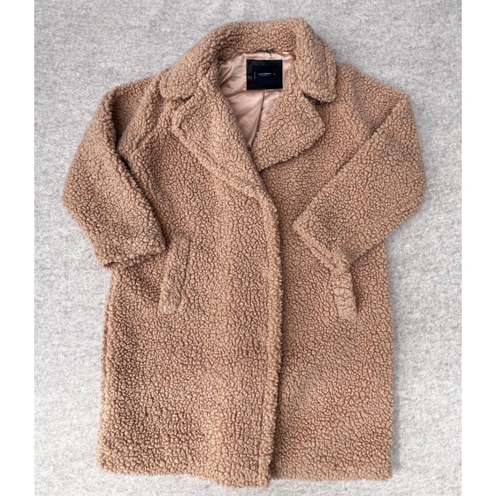 Lucky Brand Teddy Coat Womens XL Tan Excellent Faux Fur Sherpa Mid Length Jacket